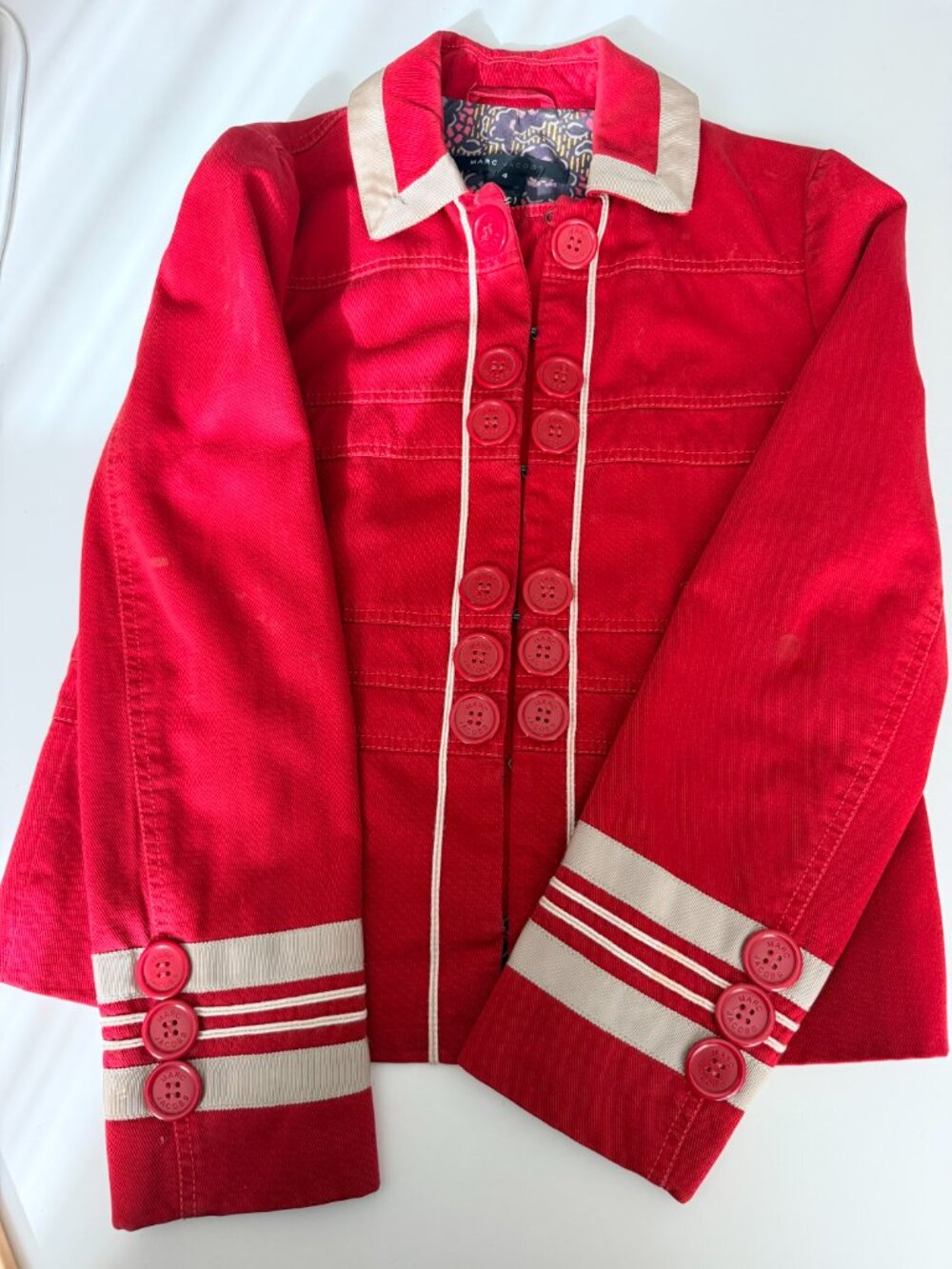 Marc Jacobs Red Military-Inspired Cropped Jacket with Floral Lining Size 4